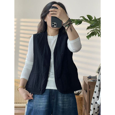 2025春秋款汉麻+棉马甲女文艺休闲宽松显瘦韩版马夹外搭背心3469