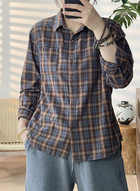 秋季时尚减龄显瘦翻领灰咖格子长袖上衣衬衫10258