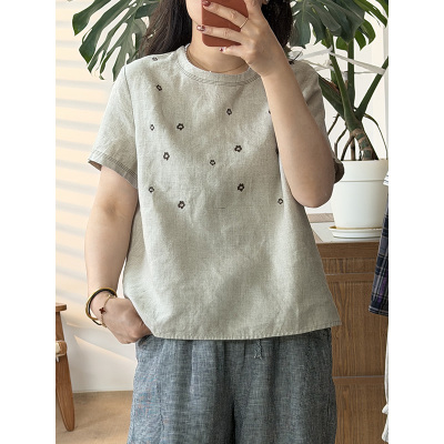 【高货】100%汉麻韩版百搭宽松圆领刺绣花朵短袖T恤女装651