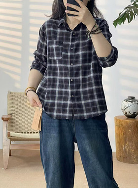 2025秋款格子衬衫慵懒感格纹衬衣女气质叠搭韩系上衣10258