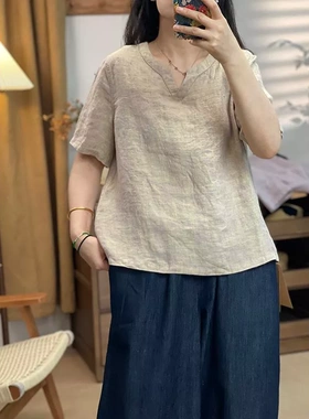 2025夏款汉麻+亚麻V领套头衫女文艺复古T恤显瘦上衣078