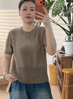【自带凉意】欧洲亚麻简约透气凉爽圆领针织短袖女款上衣6005