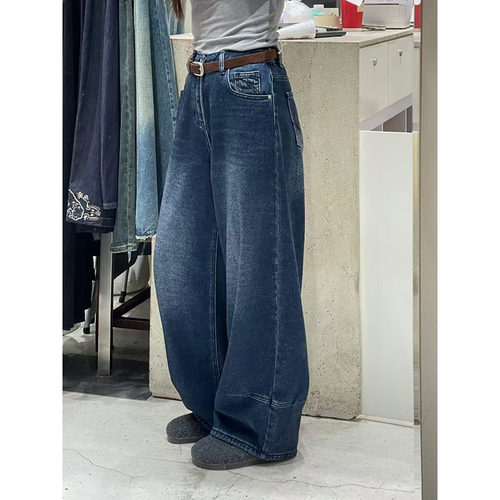 土耳其进口软牛仔加薄绒复古高腰阔腿裤女宽松显瘦百搭长裤88055