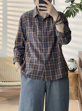 2025秋款美式复古格子衬衫女长袖宽松休闲百搭衬衣10258