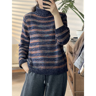 上衣2635 打底衫 复古条纹高领毛衣女宽松针织衫 长袖