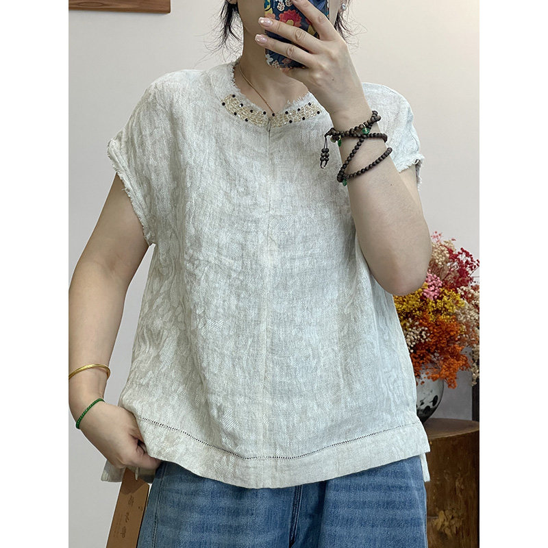 2025夏款色织雨露亚麻大提花衬衫小包袖钉珠小衫上衣 351