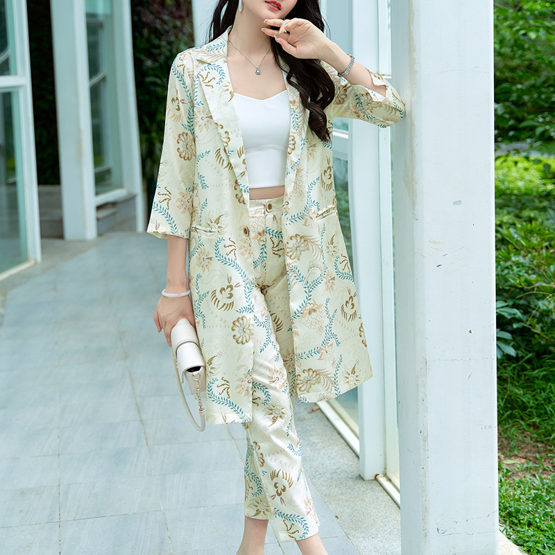 印花竹节麻时尚套装女夏季韩版中长款西装九分裤气质减龄两件套