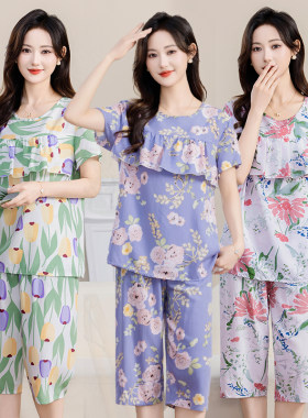 妈妈夏季棉绸睡衣防凸点中老年妇女短袖上衣七分裤居家套装人造棉