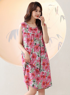 夏季棉绸睡裙女薄款人造棉绵绸无袖韩版宽松大码家居服睡衣背心裙