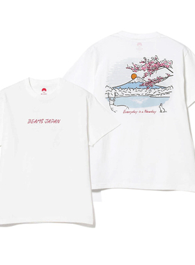 23SS BEAMSJAPAN日系艺术家别注款富士山樱花插画男女同款短袖T恤
