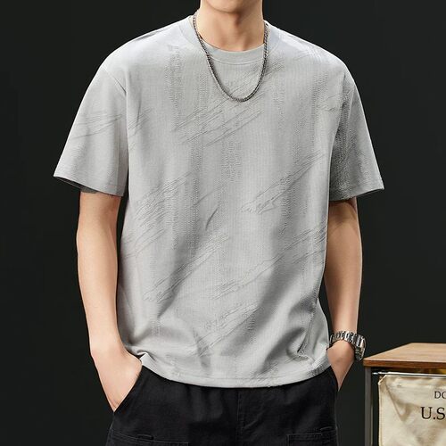 罗蒙冰丝提花宽松短袖T恤男日系