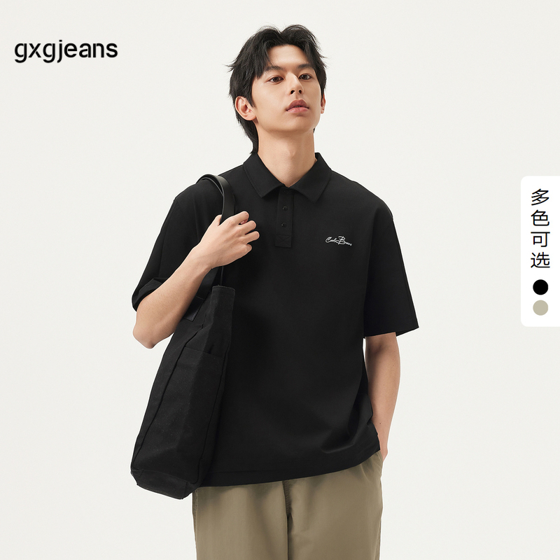 gxg.jeans男装 双色拼接设计字母绣花休闲短袖POLO衫男 25夏新款
