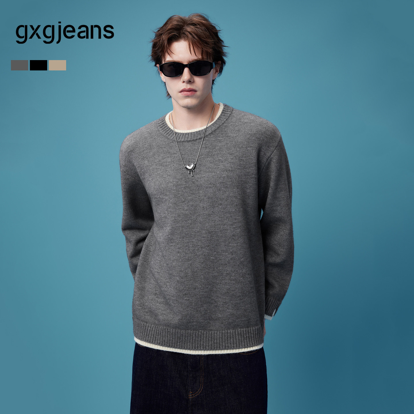 gxgjeans男装 假两件拼接简约休闲宽松圆领毛衣线衫 26秋新品