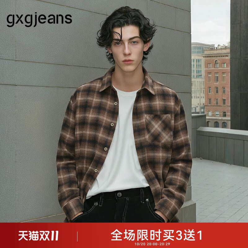 gxg.jeans男装 咖色格纹美式复古宽松长袖衬衫外套男 25年秋新品