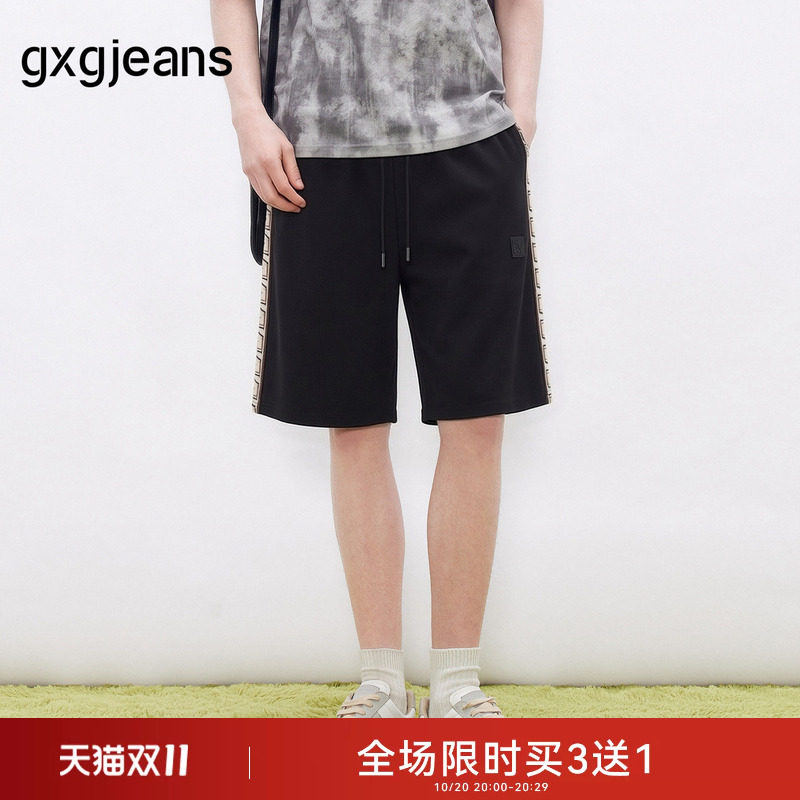 gxgjeans男装 黑色织带设计潮流拼接时尚休闲短裤男士 26夏新品