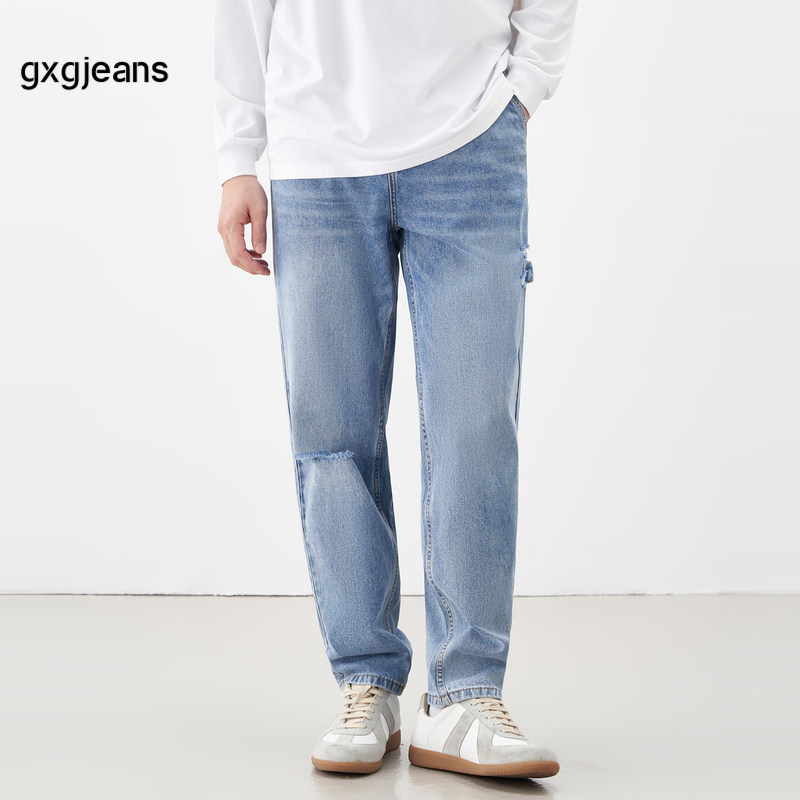 gxgjeans男装 蓝色水洗牛仔裤2024年夏季新款复古个性破洞长裤子