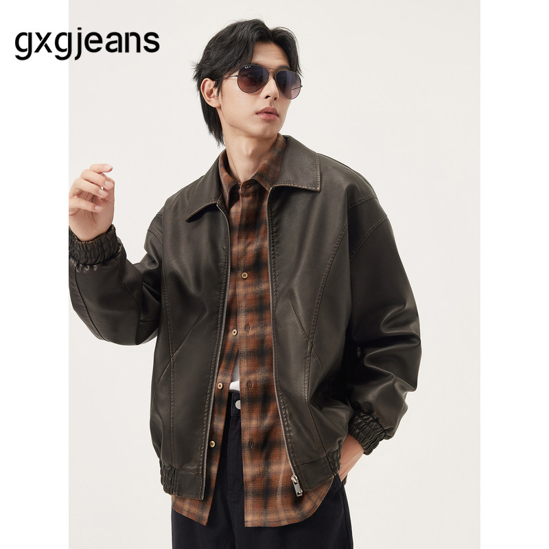 gxg.jeans男装 pu皮分割设计美式复古宽松夹克外套男 25年秋新品