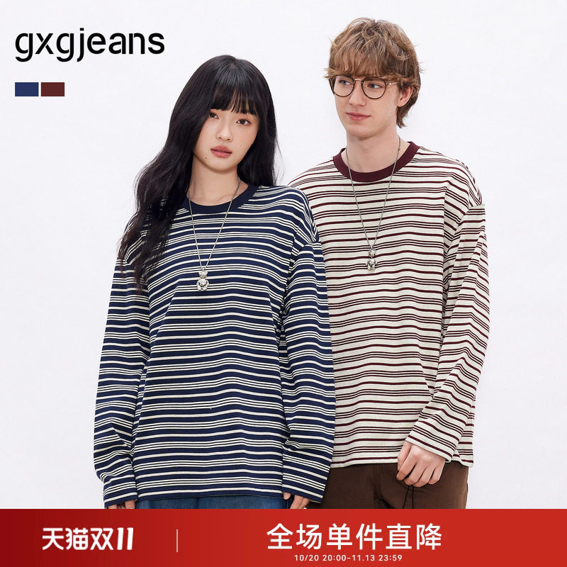 gxgjeans男装 多色条纹设计宽松休闲圆领长袖T恤男士 26秋热卖