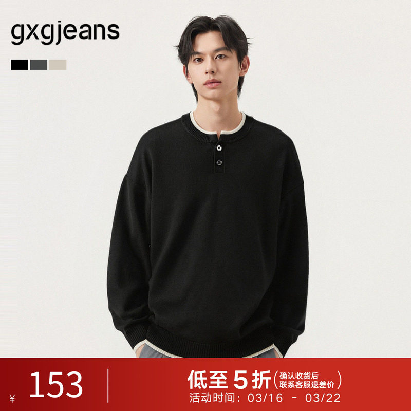 gxg.jeans男装 多色假两件宽松基础亨利领毛衣线衫男 25秋新品