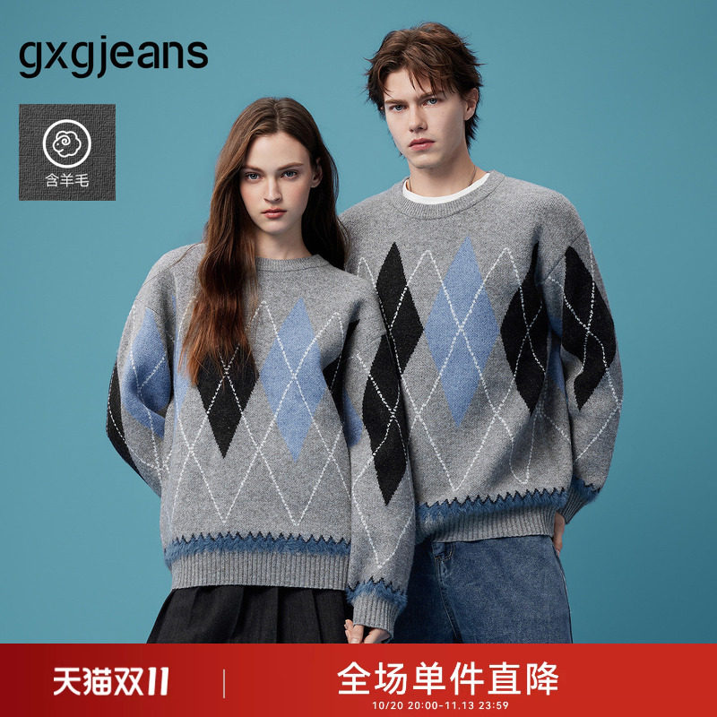 gxgjeans男装 灰色菱形格纹复古宽松休闲圆领毛衣线衫 26秋新品