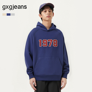 1978系列 新款 gxgjeans男装 秋季 藏青色套头连帽卫衣男 情侣款