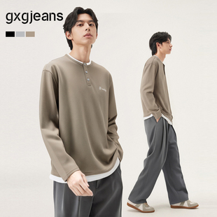 gxg.jeans男装 假两件字母刺绣简约宽松半开襟亨利领卫衣25秋新品