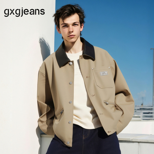 25秋新品 撞色领口宽松翻领夹克外套男 卡其色工装 gxg.jeans男装