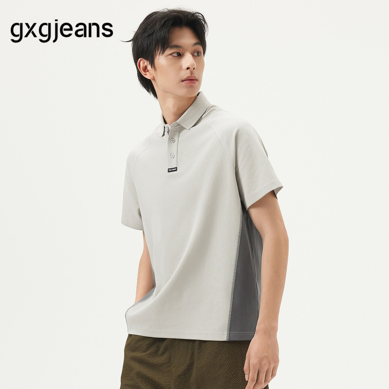 gxg.jeans男装 卡其色撞色拼接运动风宽松短袖polo衫 25年夏新品