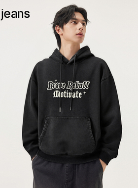 gxg.jeans男装 深灰色字母印花复古宽松连帽卫衣男士 25年冬热卖