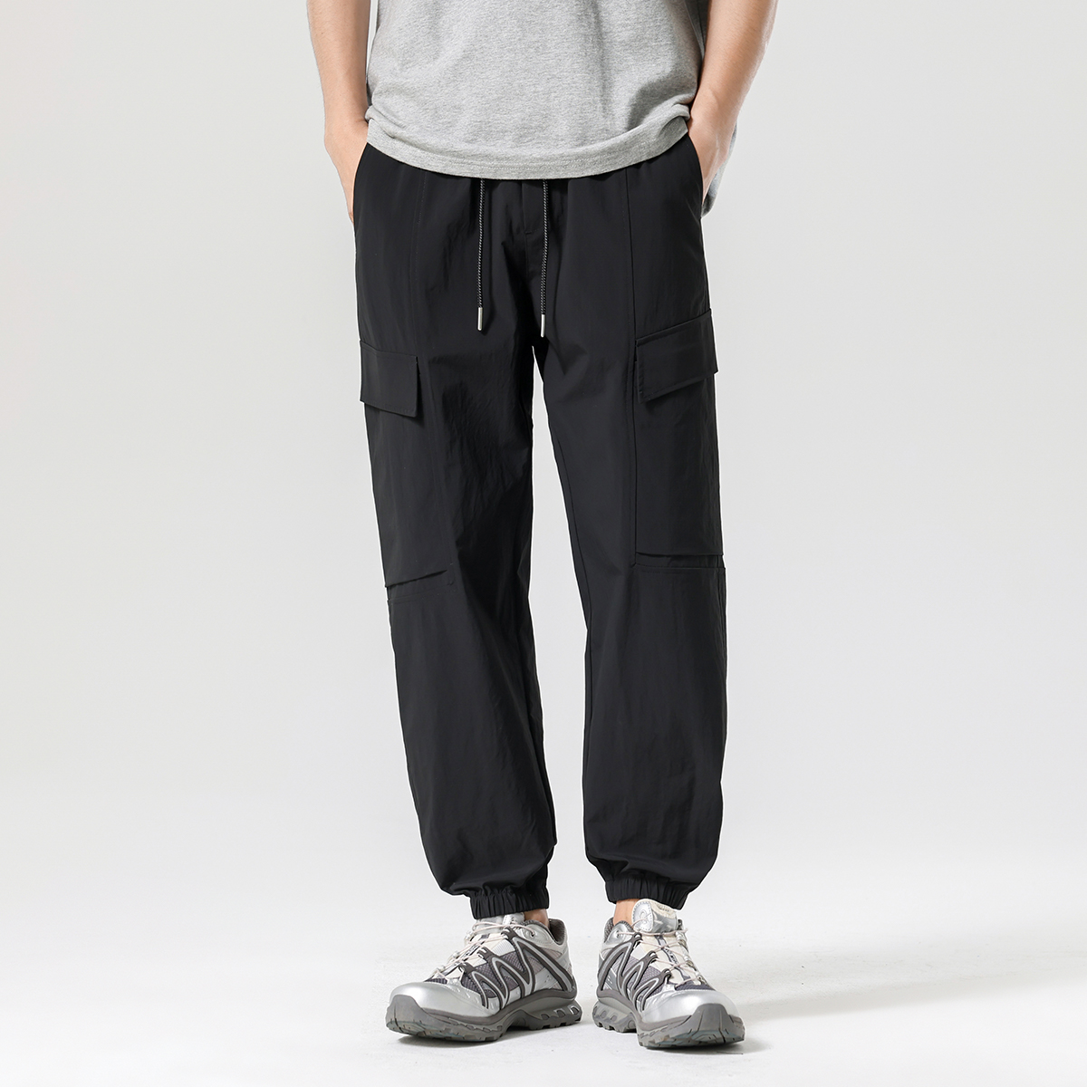 gxgjeans男装纯色户外工装裤夏抽绳系带束脚裤宽松休闲长裤*