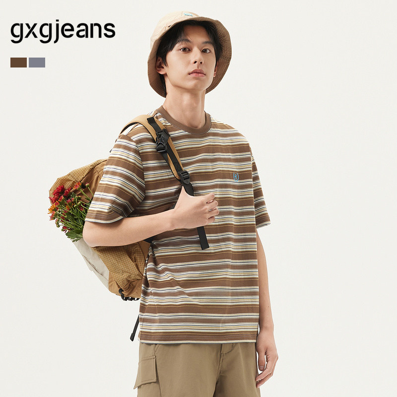 gxg.jeans男装 双色撞色条纹宽松时尚美式圆领短袖T恤男 25夏新款