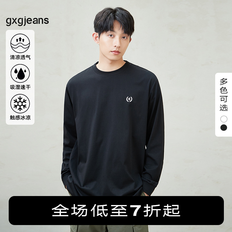 【速干】gxgjeans男装 黑色打底衫刺绣圆领套头长袖T恤男秋季新款