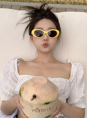 MELIYA椭圆亮黄色猫眼墨镜女彩色多巴胺海边夏日太阳镜高级感防晒