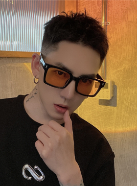 韩版ins黄色墨镜男士潮搭街拍凹造型方形防紫外线配近视太阳镜女