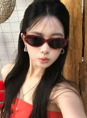 MELIYA复古椭圆猫眼红色太阳镜女方圆脸时尚遮阳墨镜防晒gm男度假