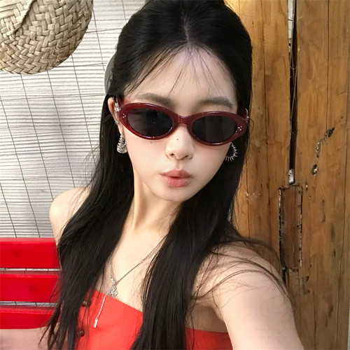 MELIYA复古椭圆猫眼红色太阳镜女方圆脸时尚遮阳墨镜防晒gm男度假