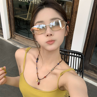 MELIYA无框水银椭圆猫眼太阳镜辣妹Y2K甜酷金属高级感墨镜复古女