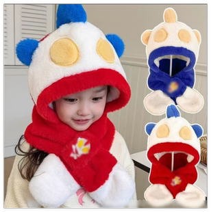 冬季新款儿童保暖珊瑚绒帽子围巾手套一体加绒加厚男童护耳帽男孩
