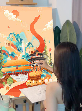 创意爱国庆主题数字油画diy成人儿童手工填色手绘画新款丙烯油彩
