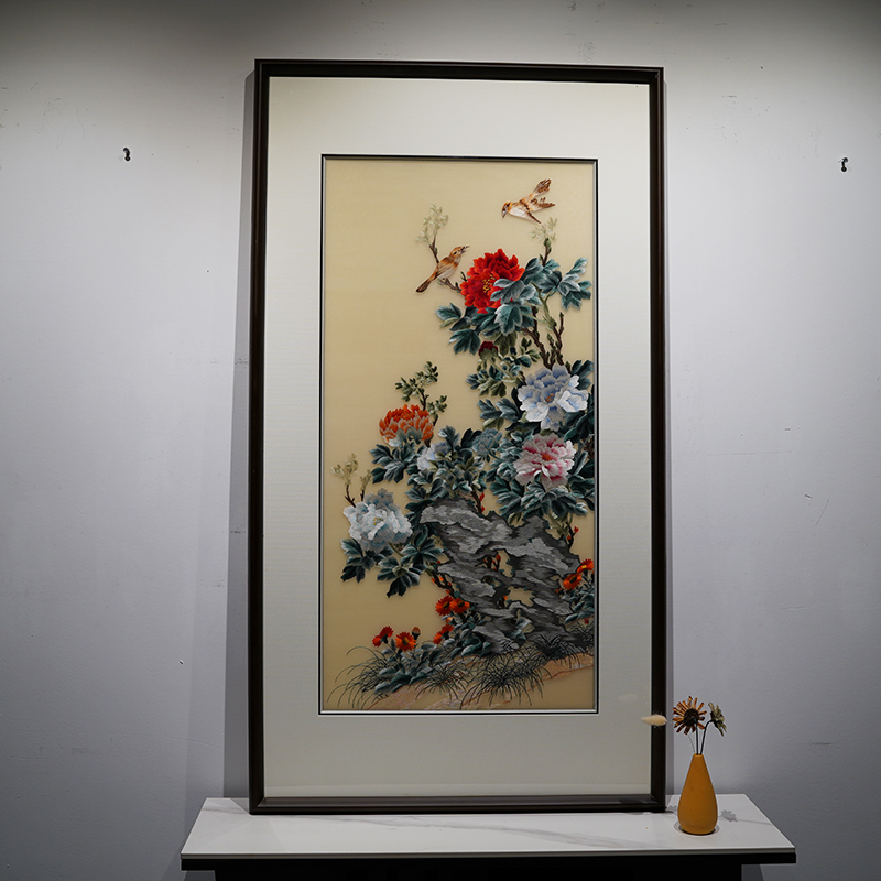 苏绣挂画富贵牡丹麻雀纯手工刺绣玄观新中式餐客厅过道壁画装饰画图片