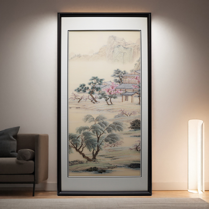 苏绣精品客厅挂画宋式山水风景纯手工蚕丝线刺绣新中式书房装饰画图片