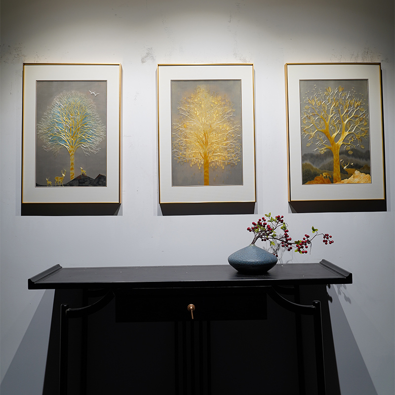 苏绣挂画带框成品新中式书房卧室客厅三联手工刺绣发财树装饰画图片
