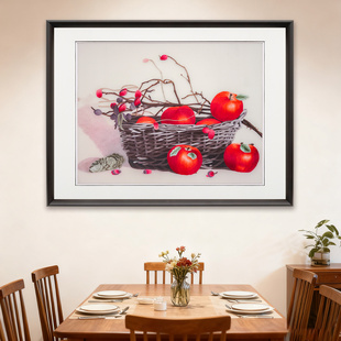 苏绣新中式纯手工水果篮子刺绣画红色苹果静物画餐厅装饰画工艺品