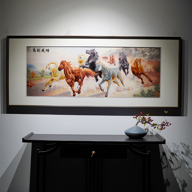 苏绣挂画手工刺绣中式国画马到功成高档背景办公室客厅书房装饰品图片