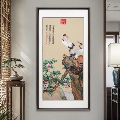 苏绣新中式蟠桃松鹤图刺绣挂画