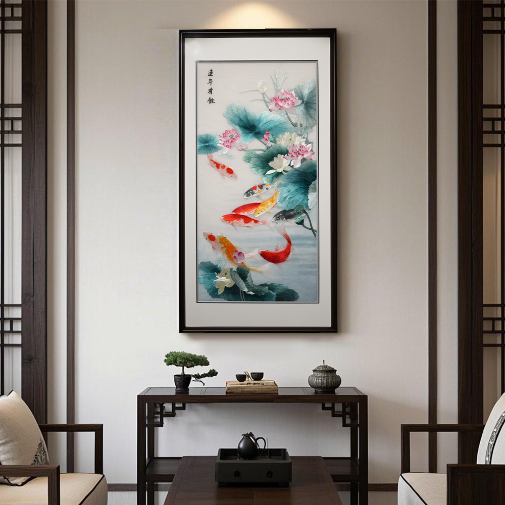 苏绣新中式挂画手工连年有余刺绣画锦鲤图玄关过道走廊客厅装饰画图片