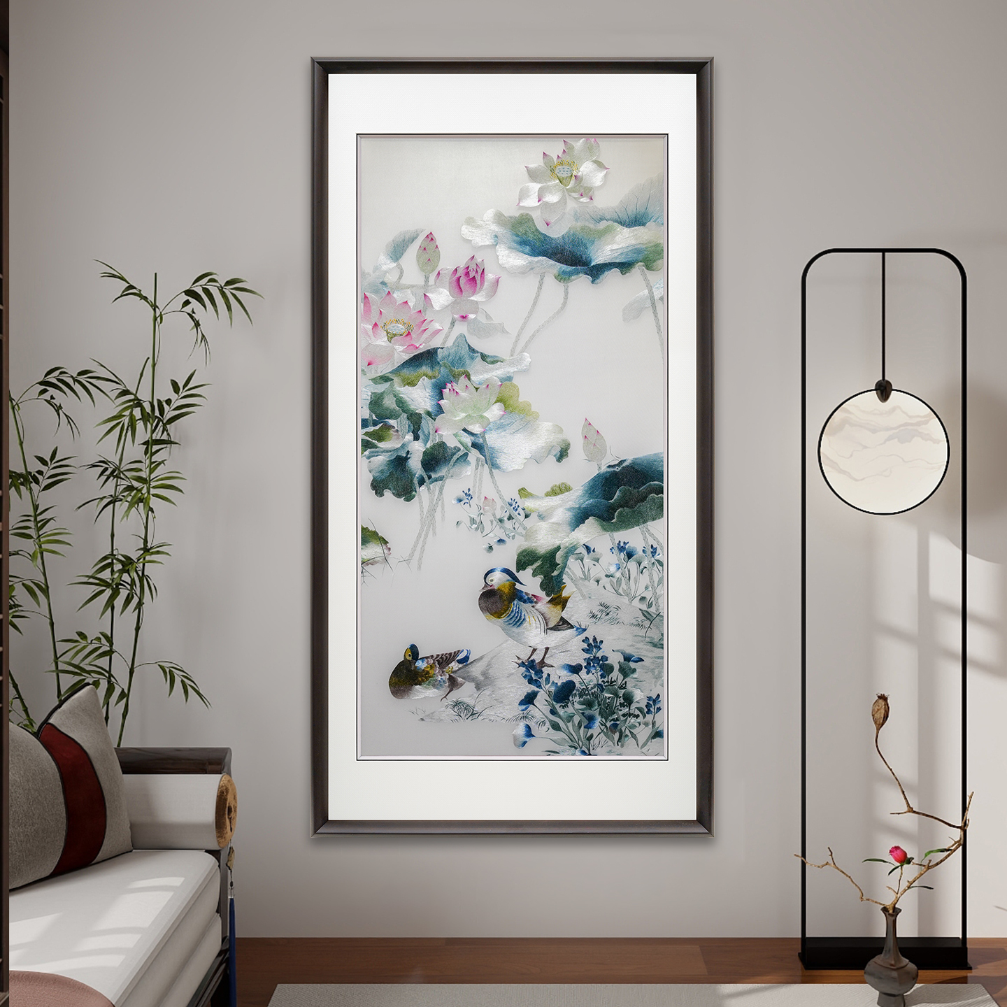 苏绣新中式荷花刺绣和和美美客厅背景墙书房餐厅玄关精美装饰挂画图片