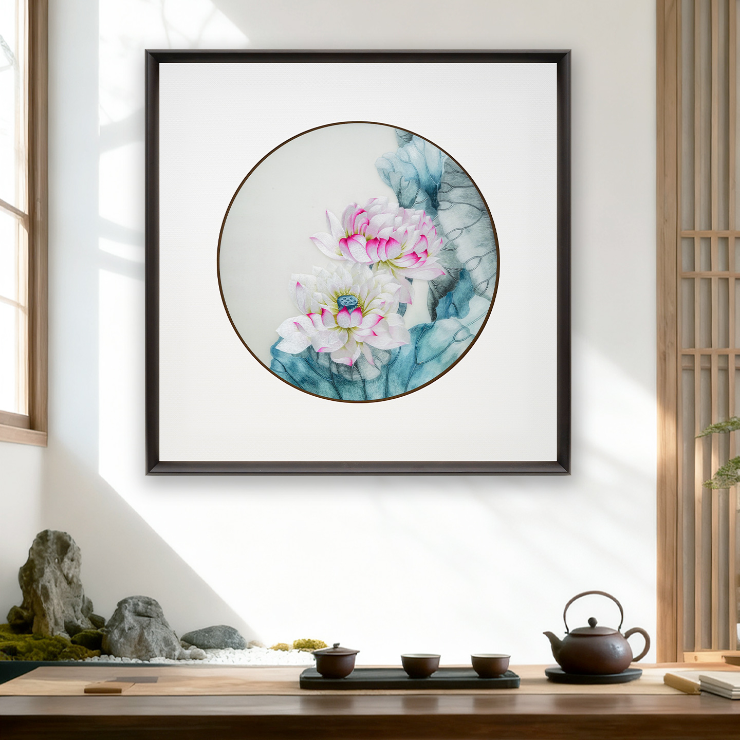 苏绣新中式纯手工荷花刺绣挂画荷韵客厅背景墙餐厅书房高档装饰画图片