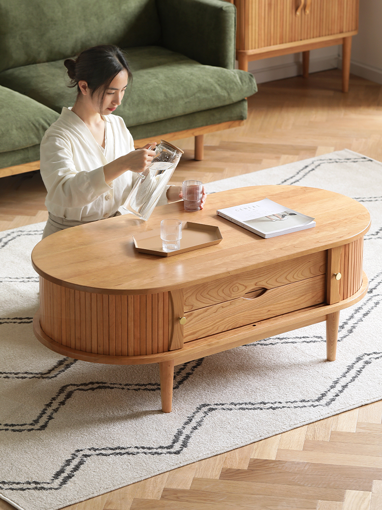 Nordic coffee table oval small apartment Japanese-style log cherry wood simple modern living room middle-aged solid wood furniture