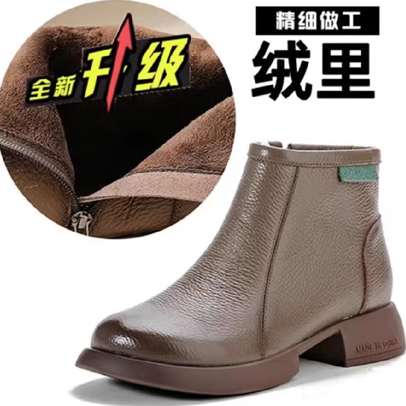 新款品牌妈妈鞋复古短靴女2023秋冬新款中年单靴真皮软底加绒奶奶